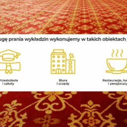 Grafika przedstawiająca wykładzinę dywanową w kolorze czerwonym ze złotym wzorem, z tekstem i ikonami informującymi o usłudze czyszczenia wykładzin w r&oacute;żnych obiektach: szkołach, biurach i hotelach.