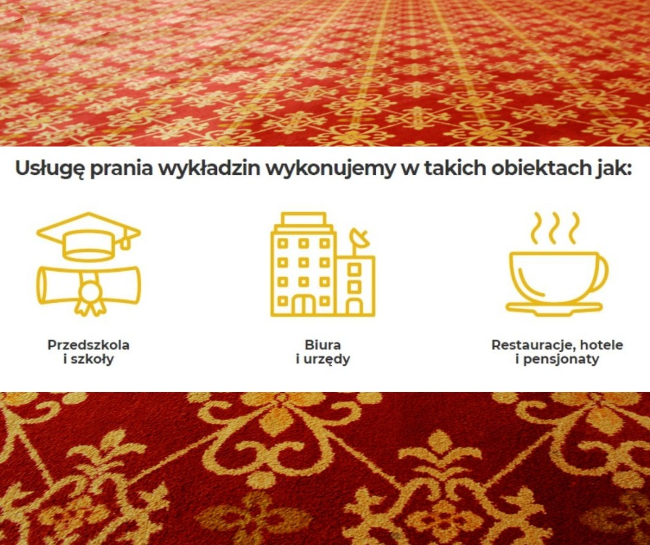 Grafika przedstawiająca wykładzinę dywanową w kolorze czerwonym ze złotym wzorem, z tekstem i ikonami informującymi o usłudze czyszczenia wykładzin w różnych obiektach: szkołach, biurach i hotelach.