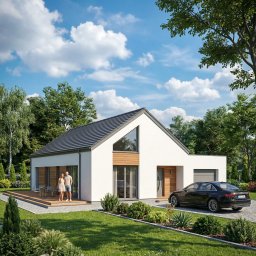 Your Home Projekty - Nowoczesny dom jednorodzinny z ciemną dachówką, drewnianymi elementami elewacji i tarasem. Na podjeździe stoi czarny samochód, a przed domem para.