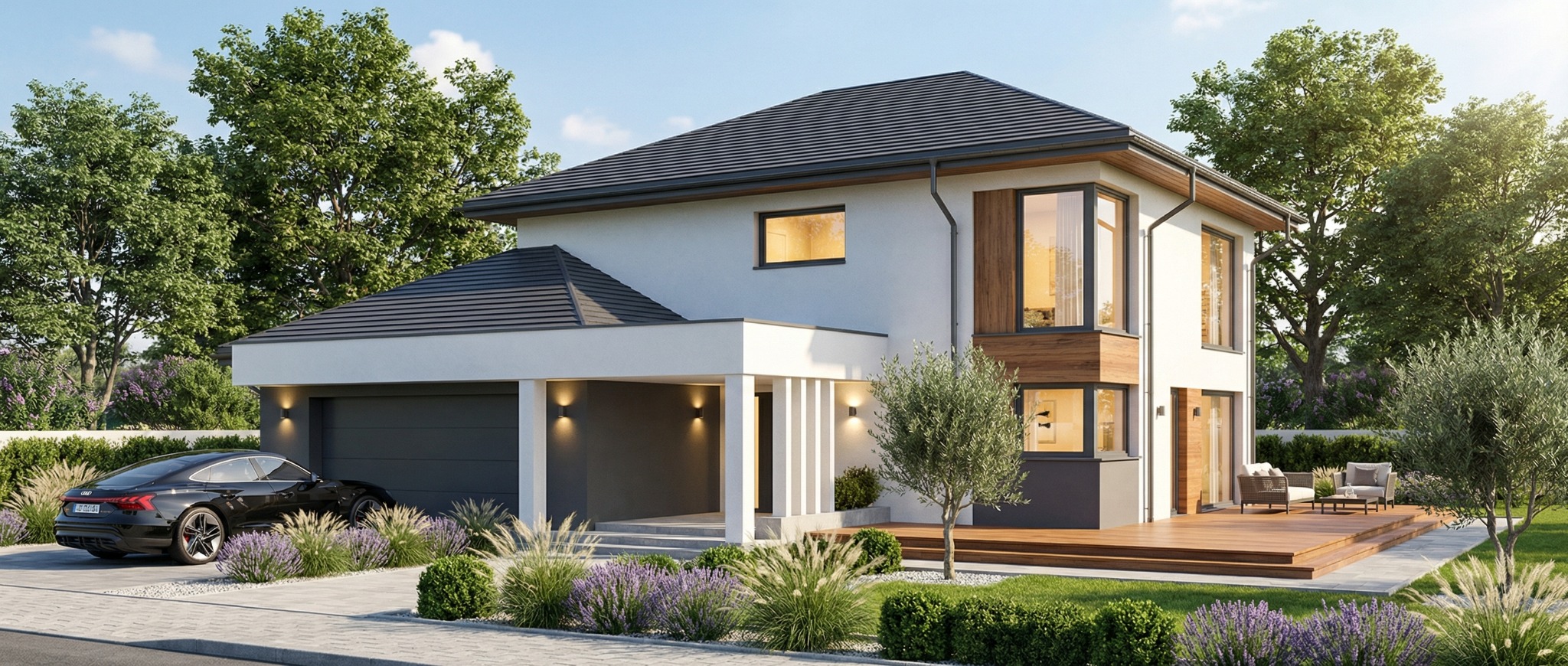 Wizualizacja nowoczesnego domu jednorodzinnego z garażem, czarnym Audi e-tron GT i zadbanym ogrodem. Jasna elewacja, drewniane akcenty i duże okna.