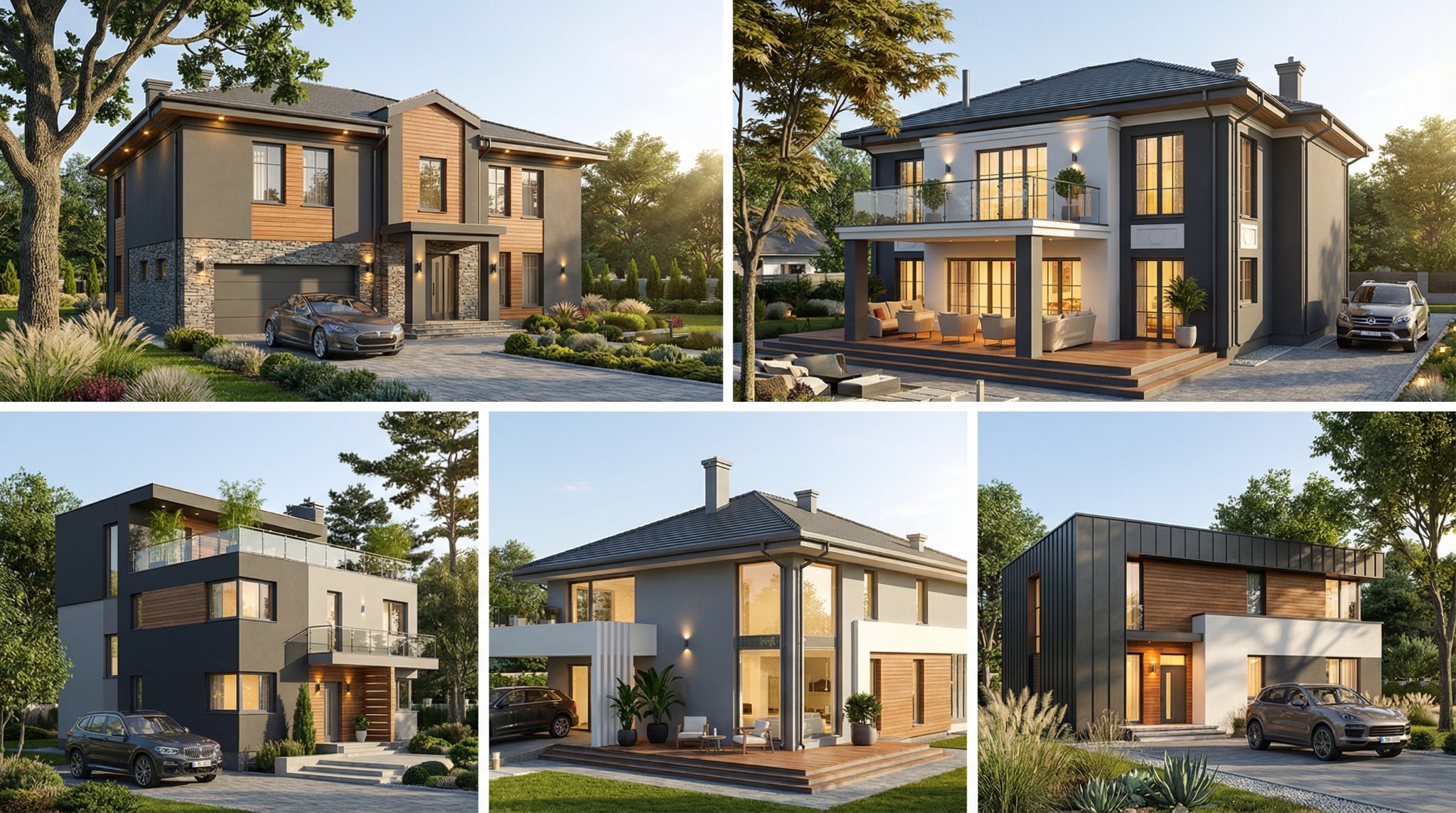 Kolaż pięciu wizualizacji nowoczesnych domów dwukondygnacyjnych z garażami i podjazdami, otoczonych zielenią. Domy w odcieniach szarości, bieli i drewna.