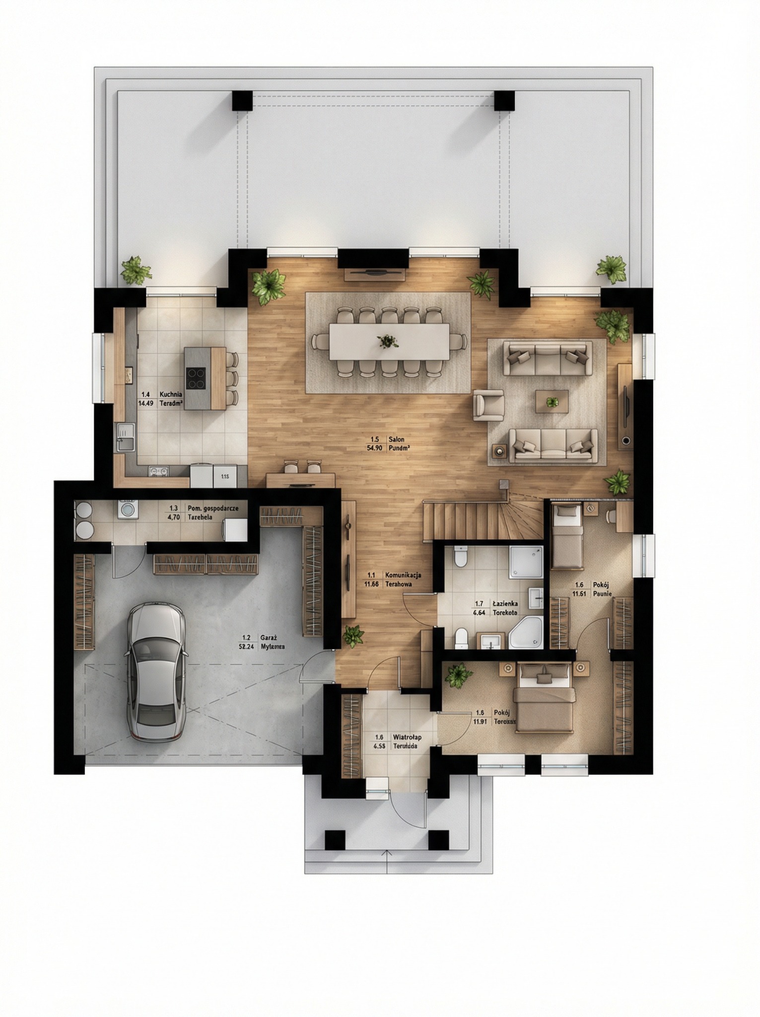 Rzut z góry domu jednorodzinnego z garażem, salonem, kuchnią, łazienką i pokojami. Widoczne umeblowanie i rośliny doniczkowe. Jasne kolory, czytelny plan.