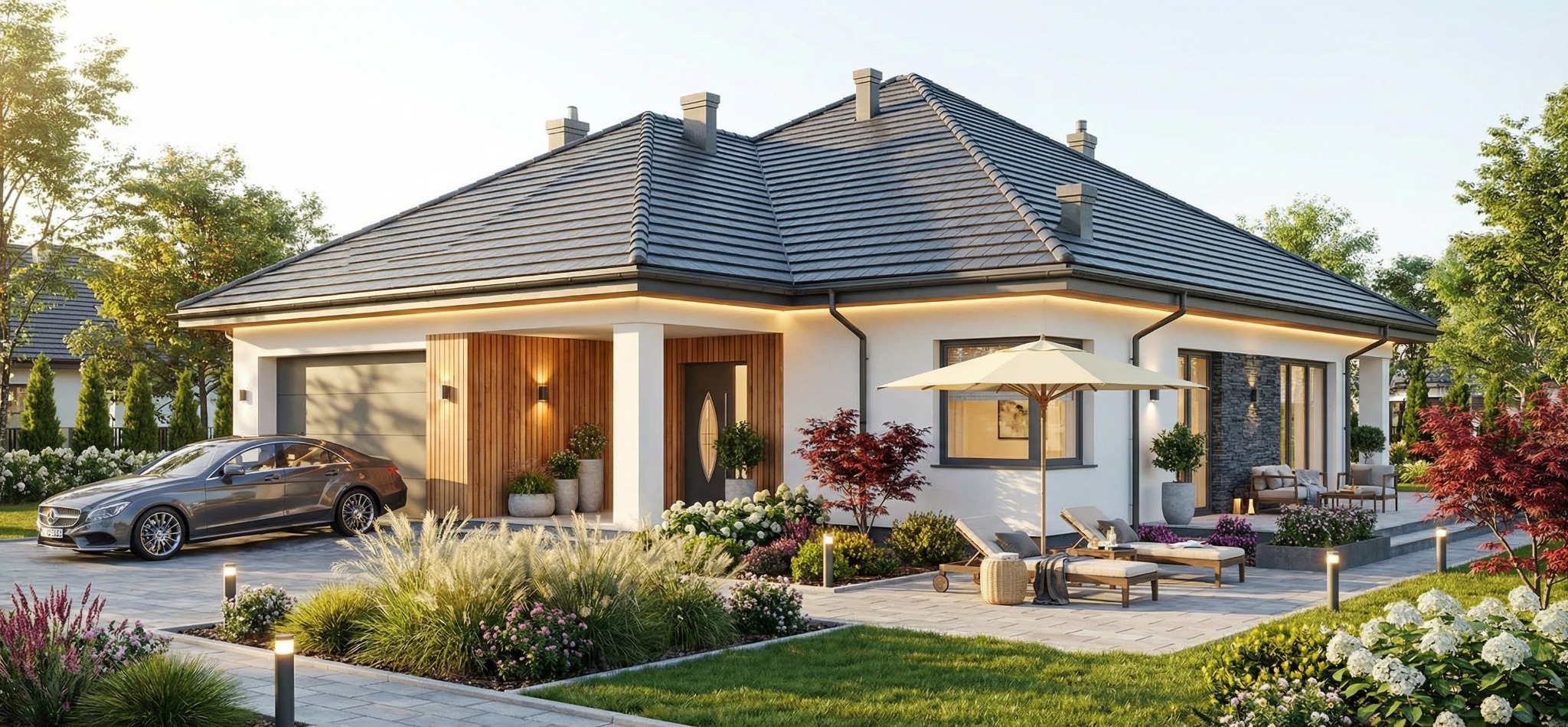 Elegancki, parterowy dom z garażem i tarasem, otoczony zielenią. Nowoczesna architektura z elementami drewna i kamienia. Na podjeździe zaparkowany samochód.