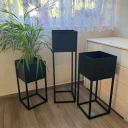 Krzysztof Orłowski - Trzy metalowe kwietniki w stylu loft, czarne, o różnych wysokościach, jeden z rośliną, na drewnianej podłodze, z firanką w tle. Minimalistyczny design.