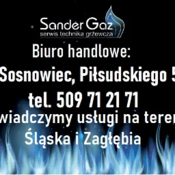 Logo firmy Sander Gaz, serwis technika grzewcza, z adresem biura handlowego w Sosnowcu i numerem telefonu, na tle stylizowanych niebieskich płomieni.