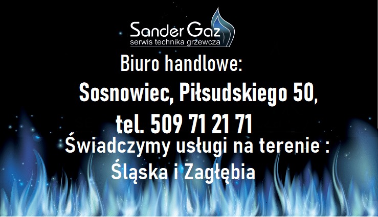 Logo firmy Sander Gaz, serwis technika grzewcza, z adresem biura handlowego w Sosnowcu i numerem telefonu, na tle stylizowanych niebieskich płomieni.