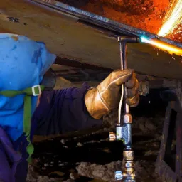 Pracownik w niebieskim kombinezonie i sk&oacute;rzanej rękawicy przecina metalową płytę palnikiem acetylenowo-tlenowym, iskry rozbryzgują się na boki.