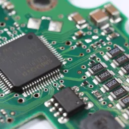 Zbliżenie zielonej płytki drukowanej z widocznymi elementami elektronicznymi, w tym dużym, czarnym układem scalonym z napisem 'ETENEDOT SMOOTH' oraz rzędami małych rezystorów oznaczonych '1R00'.