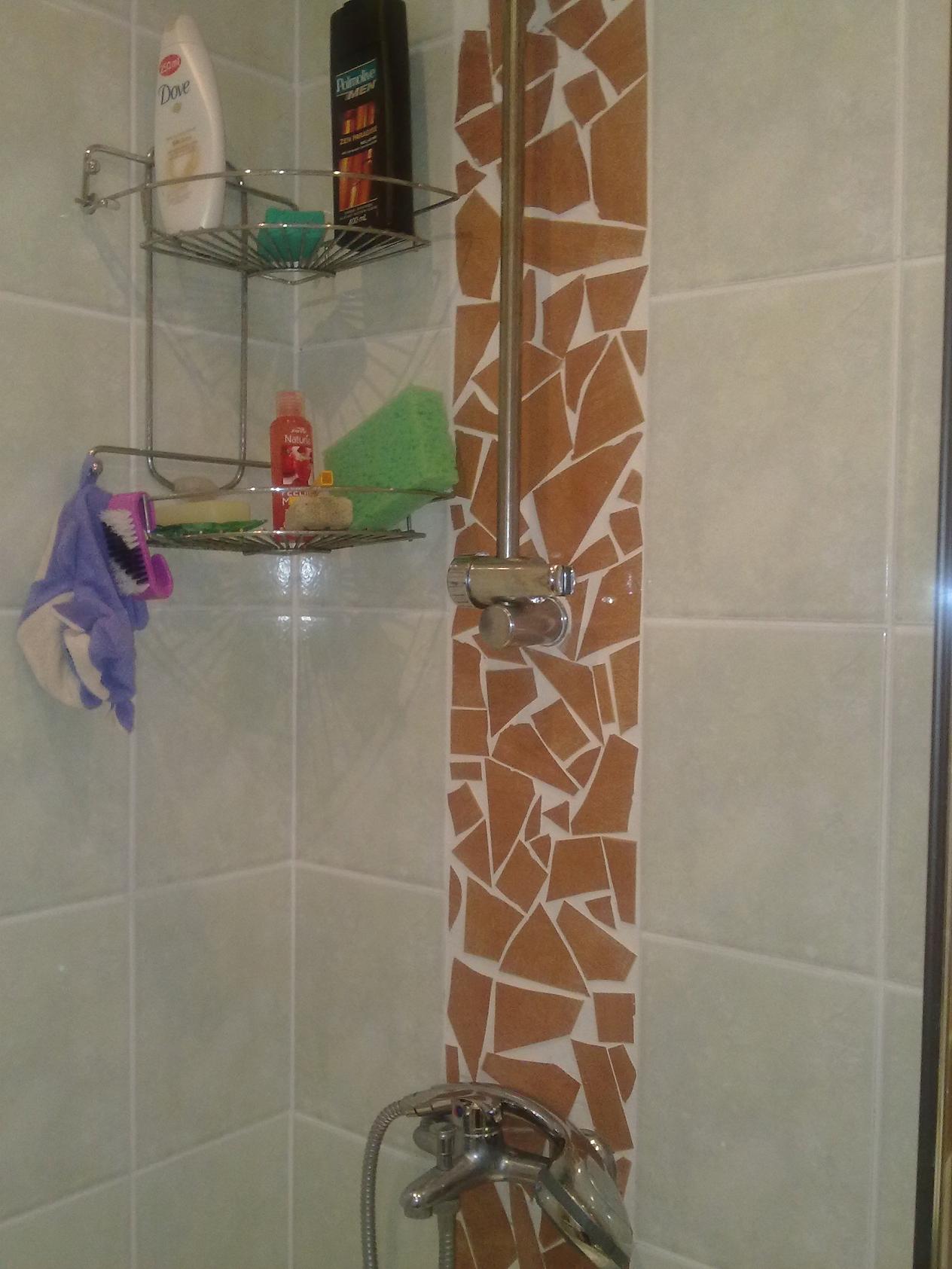 Półka łazienkowa z kosmetykami i akcesoriami, obok pionowy pas mozaiki z brązowych płytek na jasnych kafelkach, widoczny fragment baterii prysznicowej.