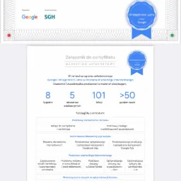 Skan certyfikatu ukończenia programu Google Umiejętności Jutra w zakresie marketingu internetowego, wystawionego dla Wiktorii Kubik, z wyszczególnionym curriculum obejmującym podstawy zarządzania...