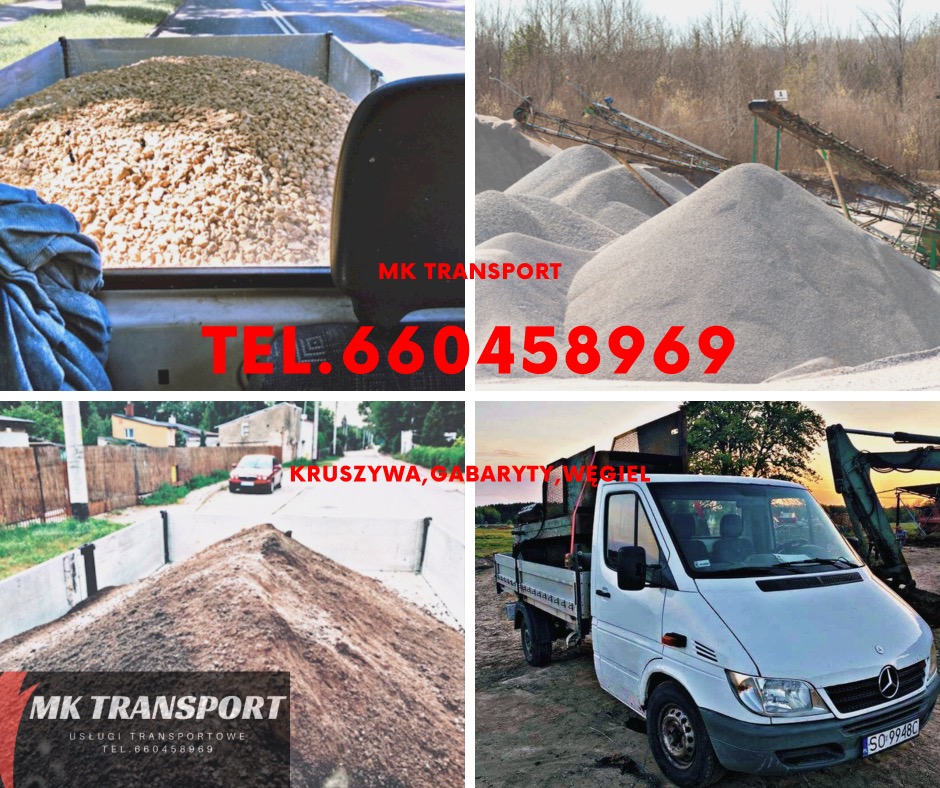 Mozaika zdjęć przedstawiająca transport materiałów sypkich: żwiru w skrzyni ładunkowej, hałd kruszywa z taśmociągiem, piasku na drodze oraz białego busa z otwartą skrzynią ładunkową obok koparki.