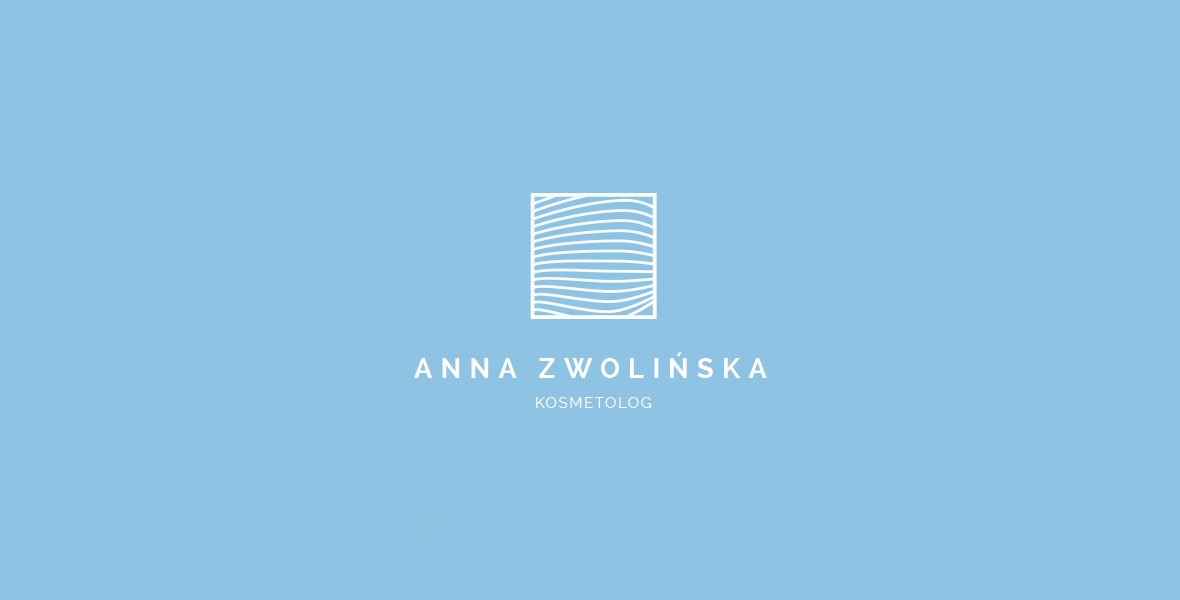 Minimalistyczne logo dla kosmetologa Anny Zwolińskiej, przedstawiające stylizowane fale w białym kwadracie na błękitnym tle.