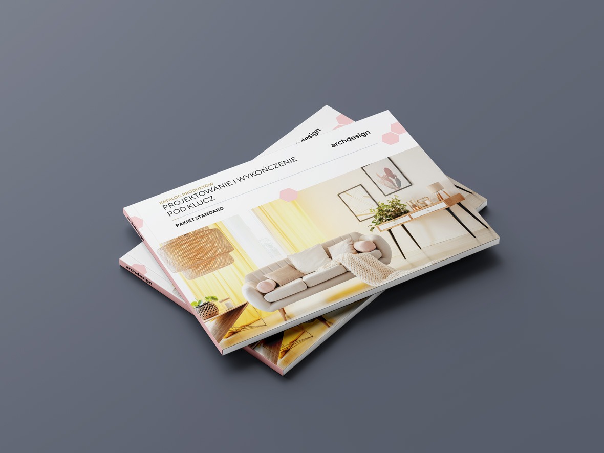 Dwa katalogi produktowe firmy archdesign, prezentujące projektowanie i wykończenie wnętrz pod klucz w pakiecie standard, ułożone na gładkim, szarym tle.