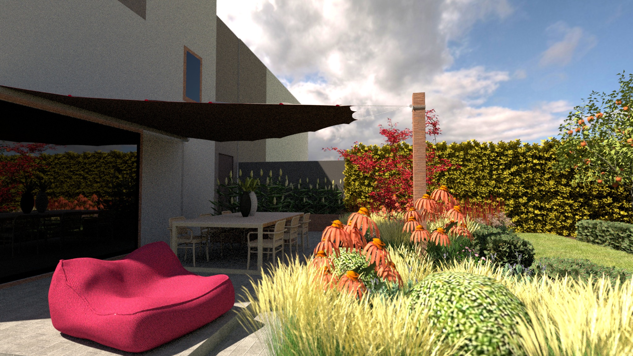 Nowoczesny ogród z kwitnącymi rudbekiami, ozdobnymi trawami i żywopłotem, zacieniony markizą nad stołem jadalnym i czerwonym pufem.