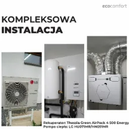 Kompleksowa instalacja: pompa ciepła LG Therma V na zewnątrz, rekuperator Thessla Green AirPack 4 500 Energy+ z kanałami wentylacyjnymi wewnątrz budynku.