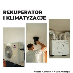 Eco Comfort - Klimatyzator GREE, montaż wentylacji z czarnym elementem i rekuperator Thessla AirPack 4 400 Enthalpy. Instalacja w trakcie realizacji, widoczny pracownik.