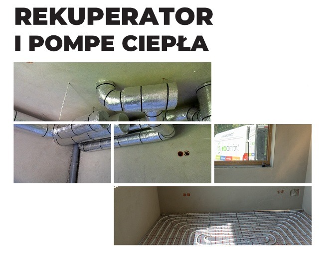 Kolaż: izolowane rury wentylacyjne pod sufitem, auto z logo firmy za oknem, ogrzewanie podłogowe w trakcie montażu. Instalacje w surowym stanie.