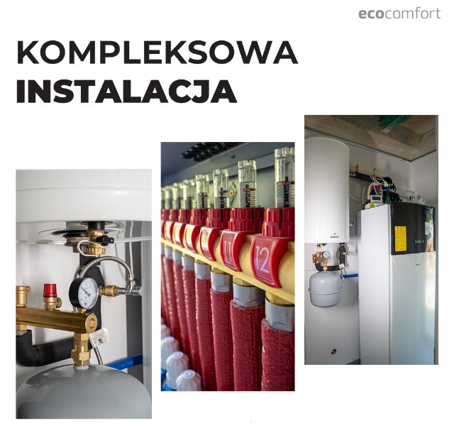 Kompleksowa instalacja: bojler, rozdzielacz z rotametrami i pompa ciepła w pomieszczeniu. Widoczne elementy instalacji grzewczej i hydraulicznej.