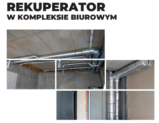 Kolaż zdjęć z montażu instalacji wentylacyjnej w surowym wnętrzu biurowym. Widoczne metalowe rury wentylacyjne pod sufitem i przy ścianach, surowy beton.