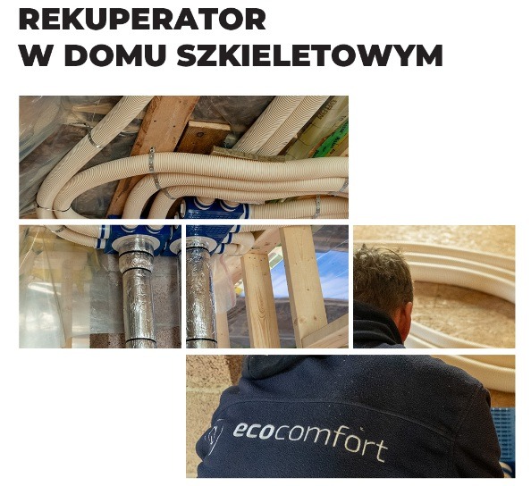 Rekuperacja w domu szkieletowym: widok na rury wentylacyjne, instalację i fragment bluzy pracownika z logo firmy EcoComfort. Detal montażu w surowym stanie.