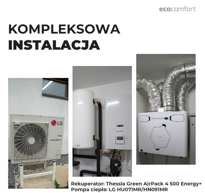 Kompleksowa instalacja: pompa ciepła LG Therma V na zewnątrz, rekuperator Thessla Green AirPack 4 500 Energy+ z kanałami wentylacyjnymi wewnątrz budynku.