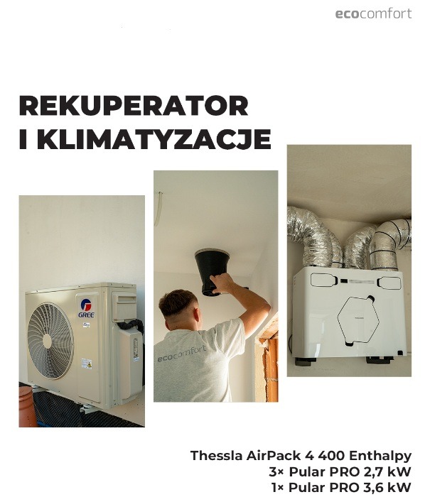 Klimatyzator GREE, montaż wentylacji z czarnym elementem i rekuperator Thessla AirPack 4 400 Enthalpy. Instalacja w trakcie realizacji, widoczny pracownik.