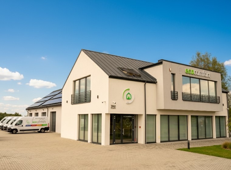 Nowoczesny budynek firmy EcoComfort z panelami słonecznymi na dachu, firmowymi busami i logo na elewacji, w słoneczny dzień.