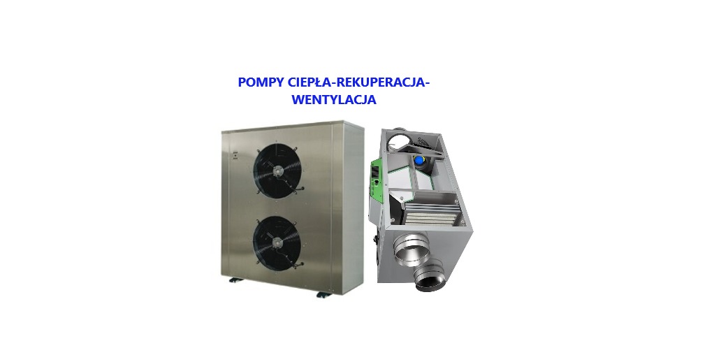 Kompaktowa pompa ciepła z dwoma wentylatorami obok rekuperatora z widocznymi filtrami i elementami sterującymi, na białym tle.
