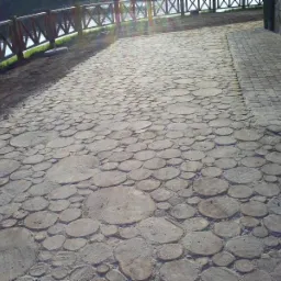 Ścieżka z okrągłych drewnianych plastrów ułożonych obok klasycznej kostki brukowej, otoczona drewnianą barierką i zielenią.