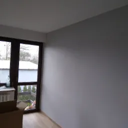 Świeżo pomalowane na szaro wnętrze pokoju z drewnianą podłogą, widoczne okno z widokiem na zewnątrz i kartonowe pudło w rogu.