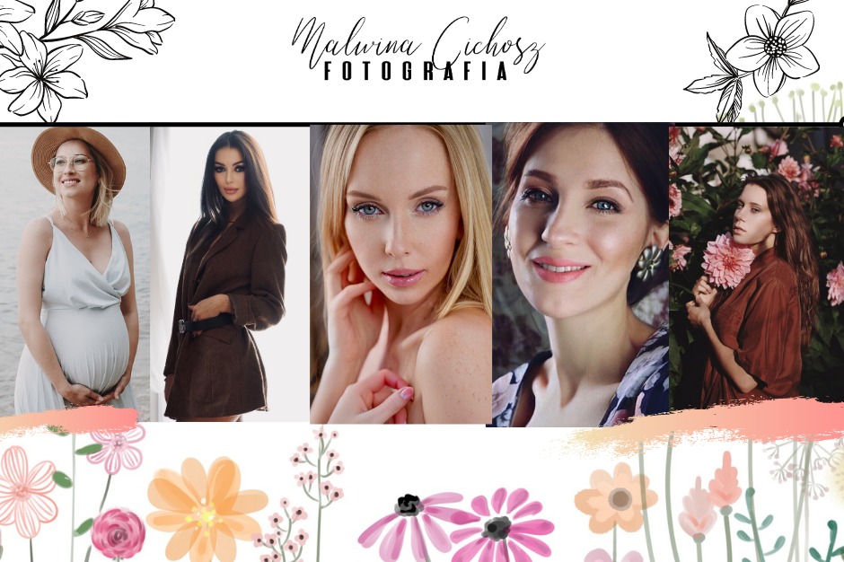 Kolaż pięciu portretów kobiet: w ciąży w kapeluszu, w brązowej marynarce, blondynka z niebieskimi oczami, uśmiechnięta brunetka i rudowłosa z kwiatem na tle kwiatów, całość w ramce z kwiatowymi...
