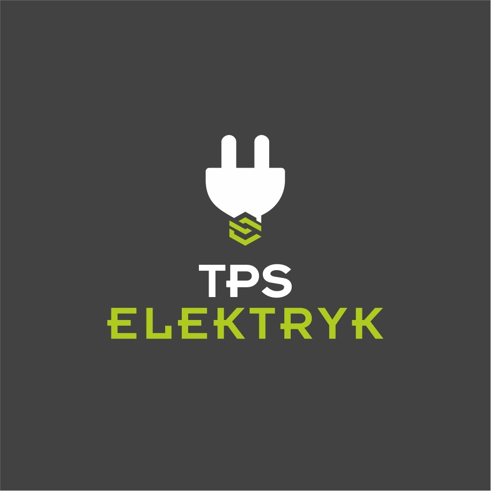 Logo firmy TPS Elektryk na szarym tle z symbolem wtyczki i zielonymi akcentami.