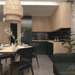 Wizualizacja wnętrza: okrągły stół z nakryciem, czarne krzesła, zielona zabudowa kuchenna, drewniane szafki, wisząca lampa z naturalnego materiału, obraz na ścianie z efektem betonu.