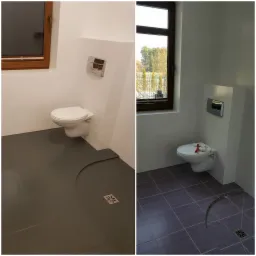 Dwa ujęcia tej samej łazienki z wiszącą toaletą i odpływem liniowym w podłodze. Na jednym ujęciu podłoga jest w trakcie wykańczania, widoczne narzędzia malarskie na toalecie.