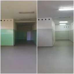 Porównanie przed i po malowaniu korytarza biurowego: od zielonych ścian do szaro-białych, z widocznymi lampami sufitowymi i szarą podłogą z płytek.