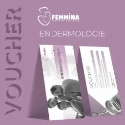 Voucher na zabieg endermologii w Centrum Medycznym Femmina, prezentacja graficzna z logo i wizerunkiem osób poddanych zabiegowi.
