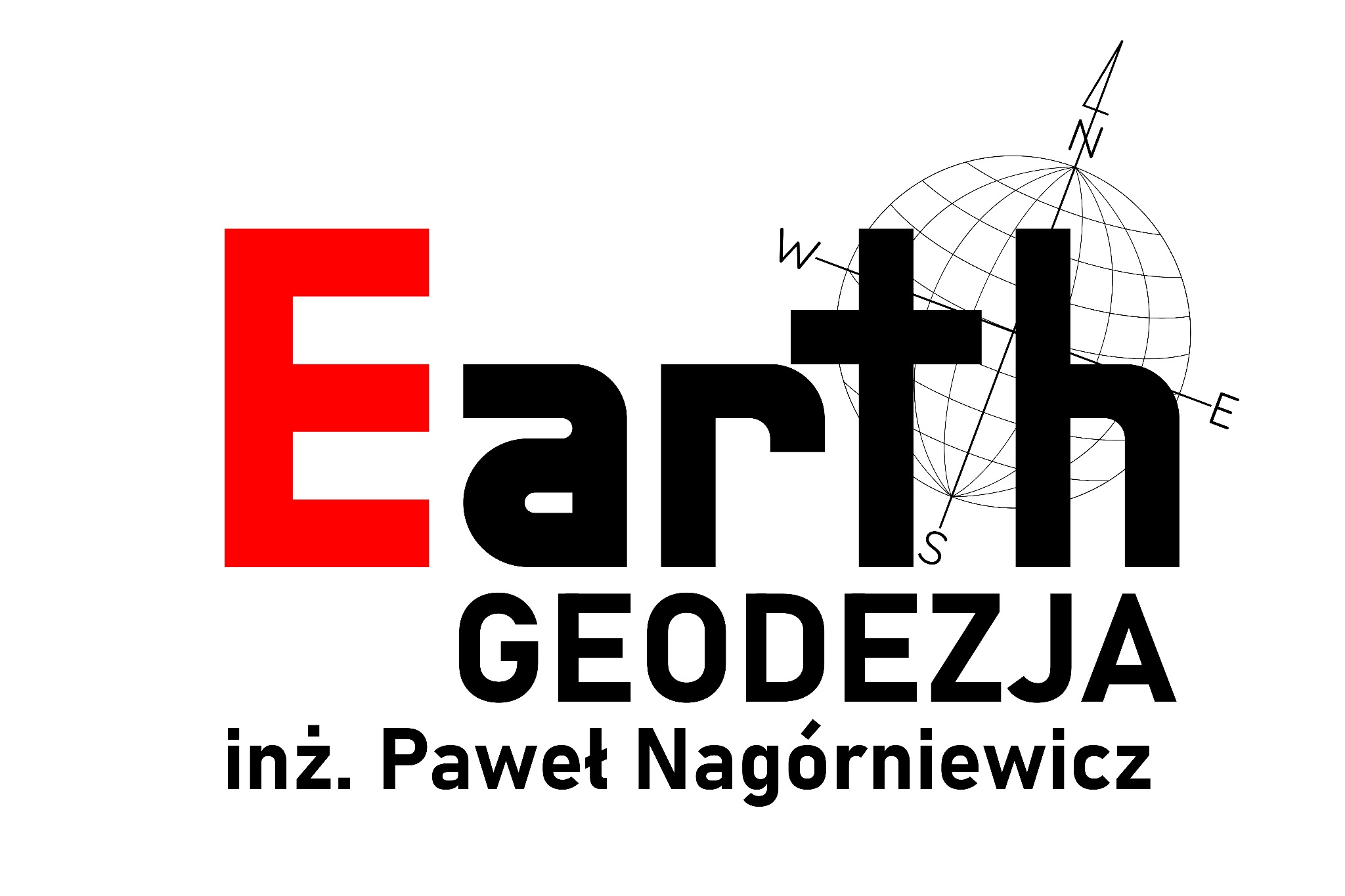 Logo firmy geodezyjnej Earth Geodezja inż. Paweł Nagórniewicz z czerwonym napisem Earth, czarnym napisem Geodezja i rysunkiem globu z kompasem.