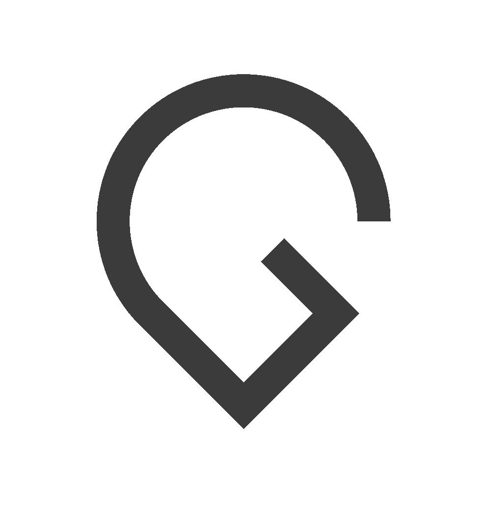 Abstrakcyjne logo w kształcie litery G, przypominające pinezkę lokalizacji, w kolorze szarym na białym tle.