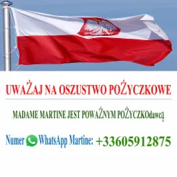 Flaga Polski powiewająca na wietrze z tekstem ostrzegającym przed oszustwem pożyczkowym i numerem WhatsApp do kontaktu.
