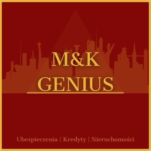 Logo firmy M&K Genius na bordowym tle z sylwetką miasta, oferującej ubezpieczenia, kredyty i nieruchomości.