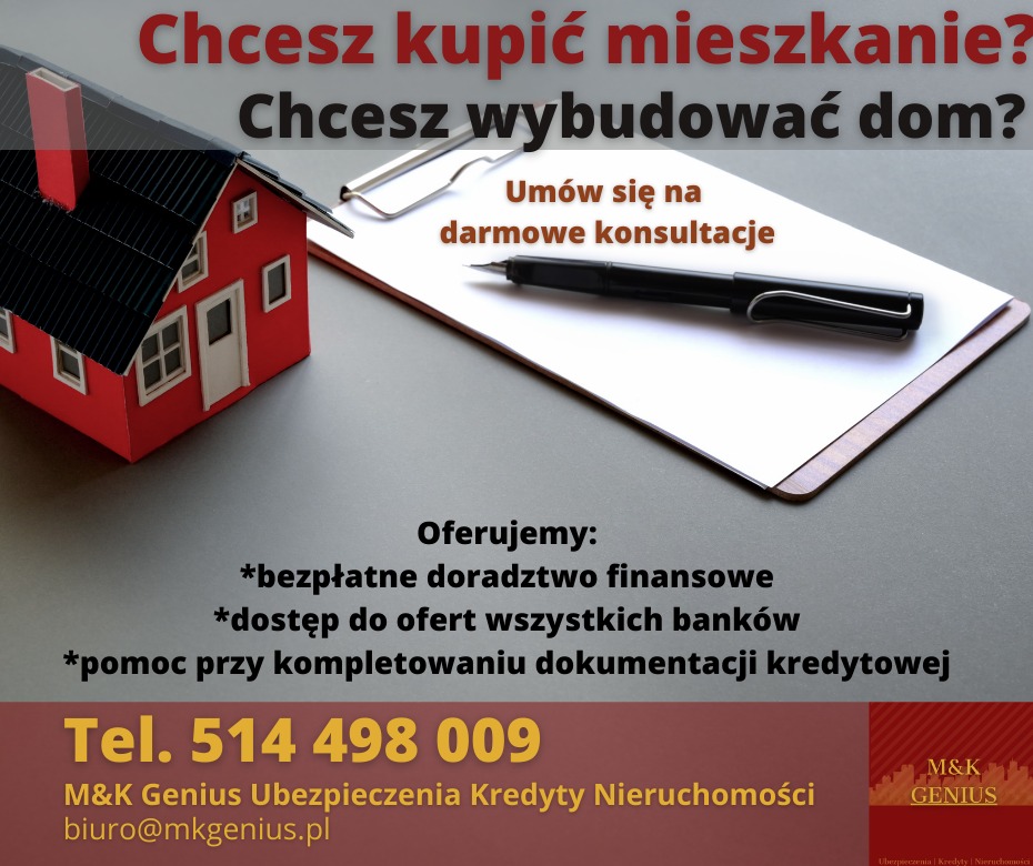Model domu z czerwonym dachem obok czarnego pióra na białej podkładce, oferta bezpłatnych konsultacji finansowych i pomoc w kompletowaniu dokumentacji.