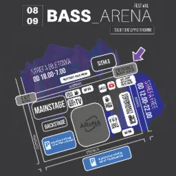 Mapa terenu festiwalu muzycznego Bass Arena z podziałem na strefy: biletową, darmową, sceny, backstage, punkty gastronomiczne, parkingi i toalety.