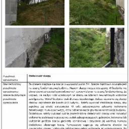 Dokumentacja fotograficzna stanu skarpy przylegającej do budynku, ukazująca osunięcia gruntu, brak drenażu opaskowego i zawilgocenia ścian fundamentowych.