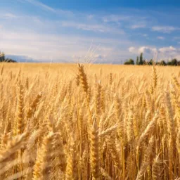 Złote pole dojrzałego zboża falujące na wietrze pod błękitnym niebem z lekkimi obłokami, widoczny pas zieleni drzew w oddali.