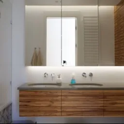 Nowoczesna łazienka z drewnianą szafką pod umywalką z dwoma okrągłymi umywalkami, oświetleniem LED pod lustrem i szklaną kabiną prysznicową z widoczną różową gąbką.