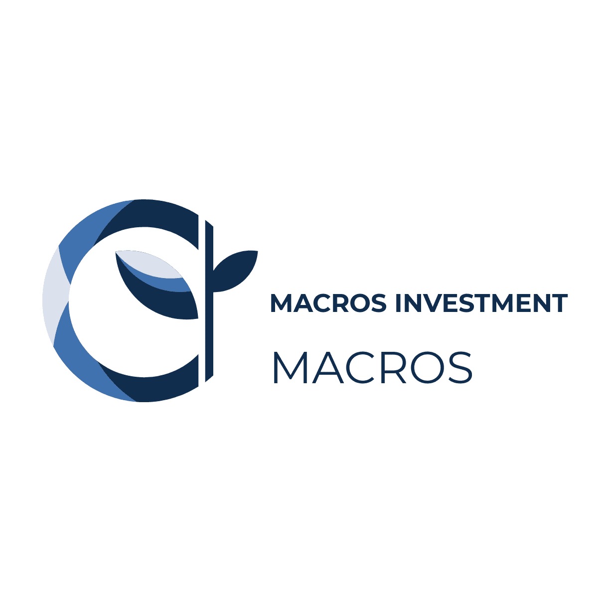 Logo firmy Macros Investment: stylizowany okrąg w odcieniach niebieskiego z motywem roślinnym oraz nazwa firmy w ciemnoniebieskiej czcionce.