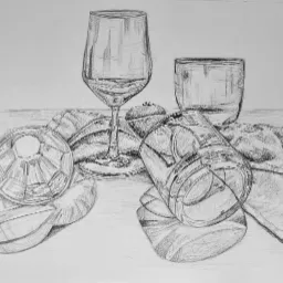 Szkic ołówkiem przedstawia martwą naturę z różnorodnych szklanek, kieliszka do wina i pomidora, ułożonych na pofałdowanym materiale. Detale cieniowania podkreślają przezroczystość szkła i fakturę...