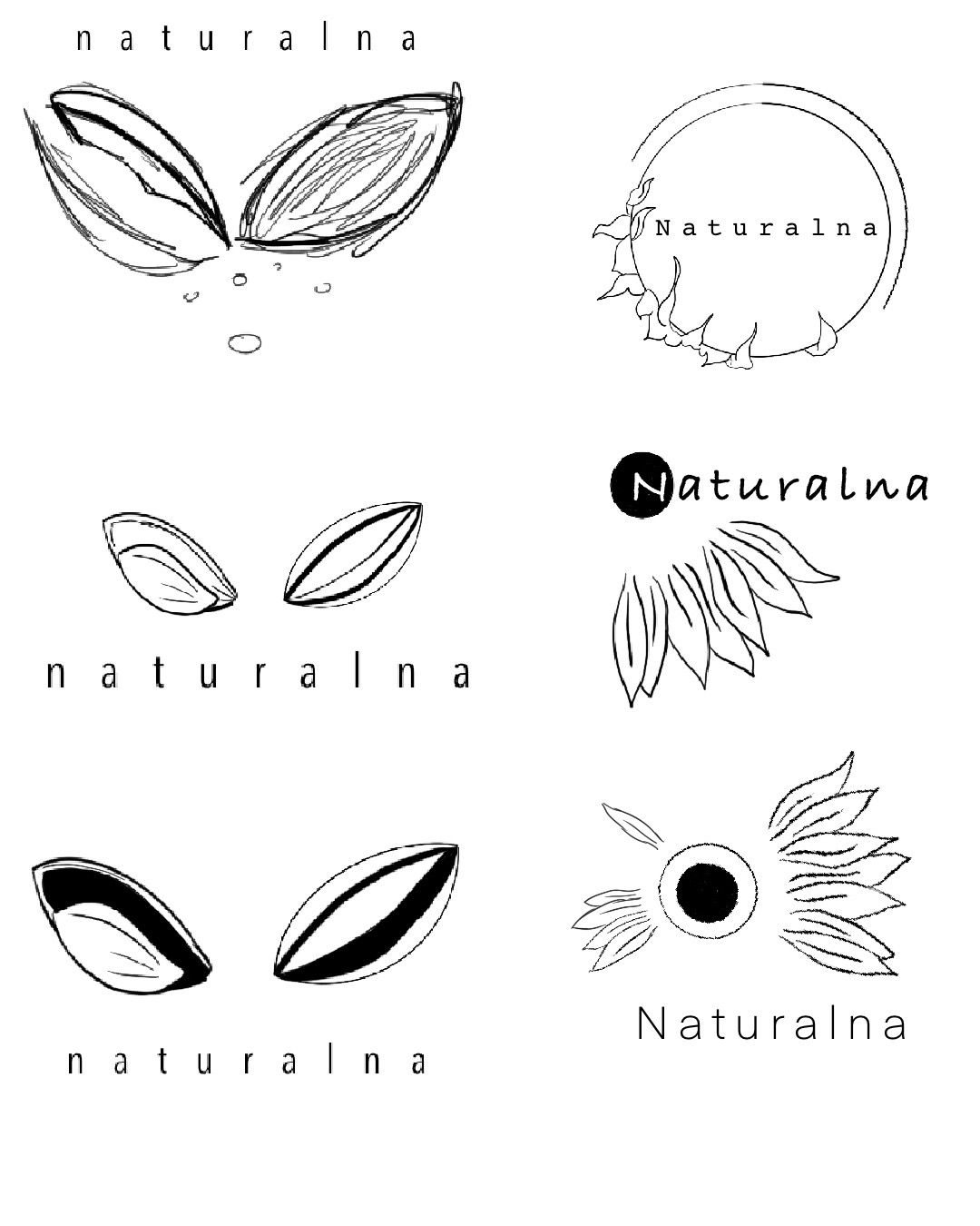 Propozycje logo z motywem pestki słonecznika dla firmy 'Naturalna' od grafika z Poznania. Różne szkice i koncepcje w czerni i bieli.