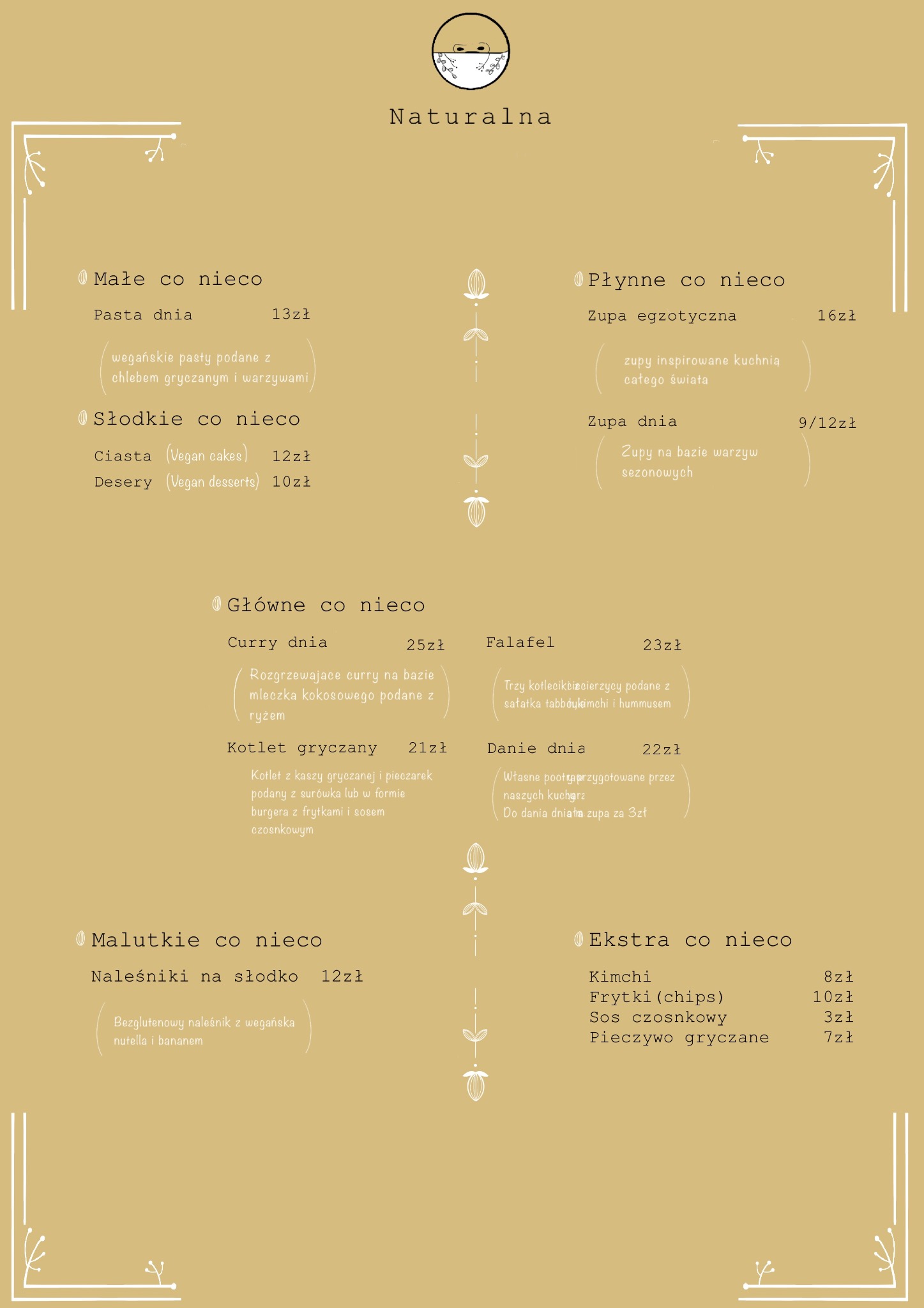 Minimalistyczny projekt menu wegańskiej restauracji z nazwami dań i cenami, utrzymany w stonowanej kolorystyce.