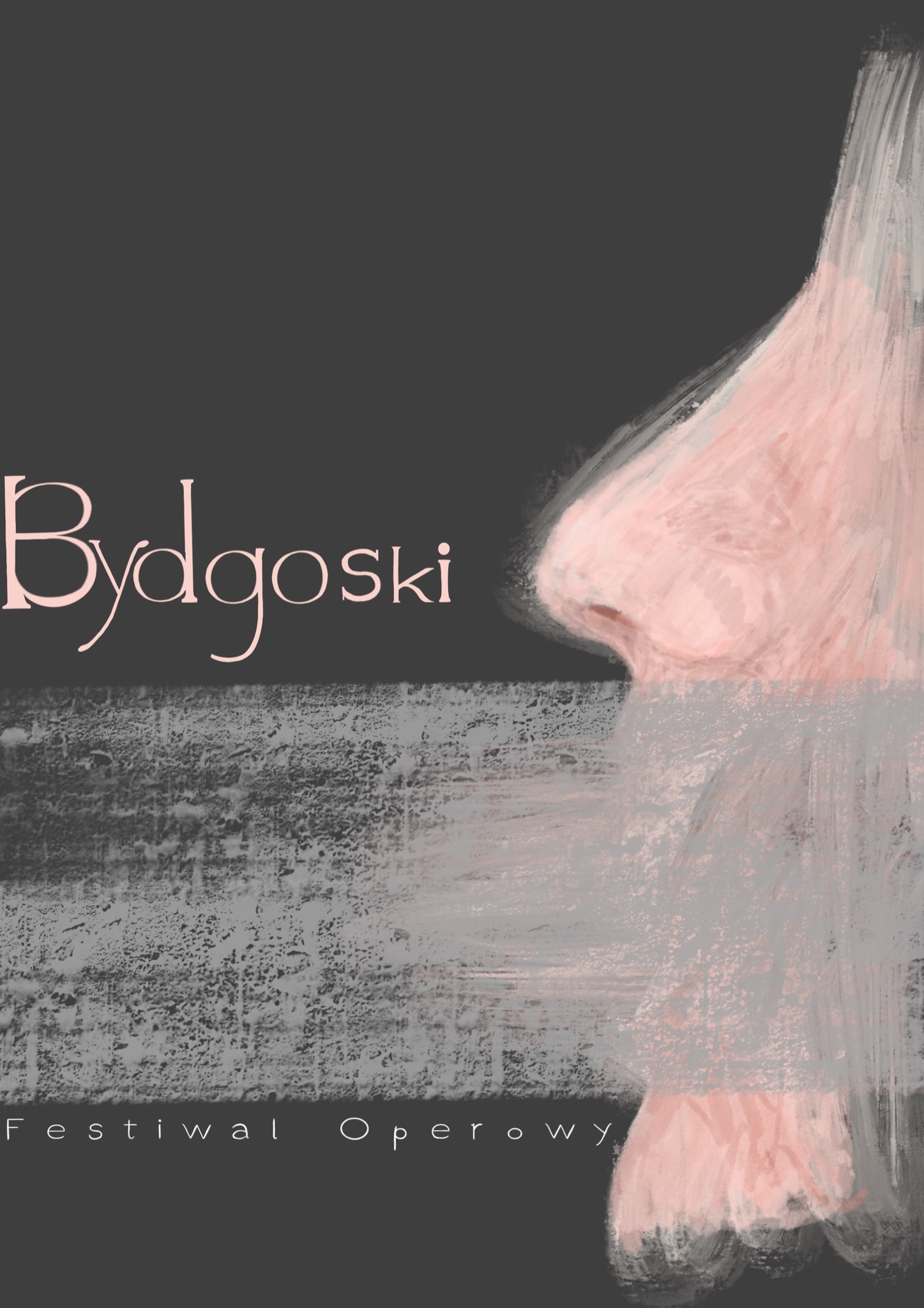 Plakat Bydgoskiego Festiwalu Operowego z abstrakcyjnym wizerunkiem profilu twarzy w odcieniach różu i szarości na ciemnym tle.